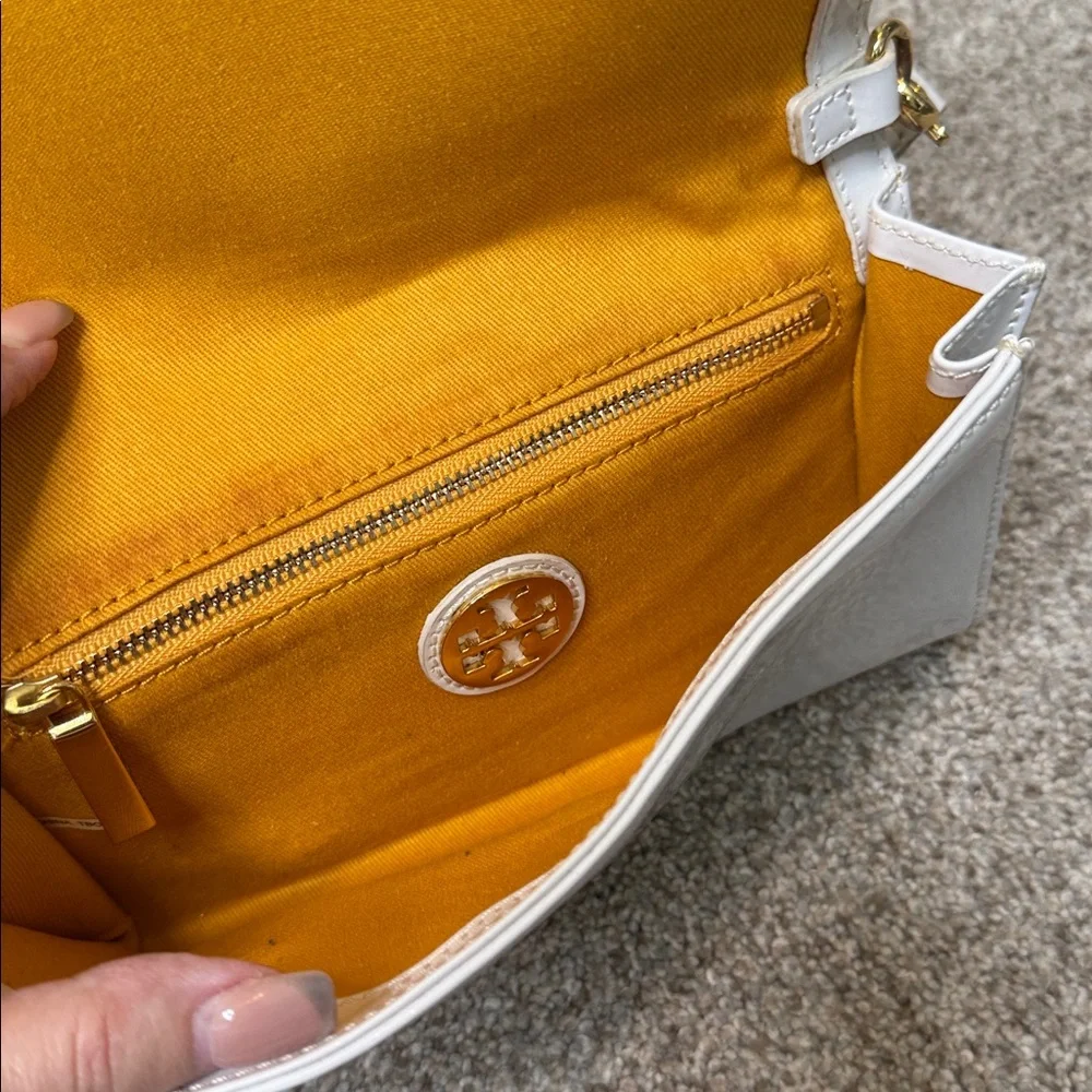 Tory Burch Kipp Perforated Logo Patent Leather Crossbody Bag White Gold